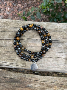 Bracelet Mala 108 perles "Triple Protection" Oeil de Tigre, Hématite et Onyx noire