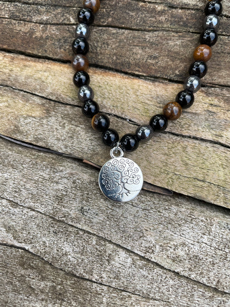 Bracelet Mala 108 perles "Triple Protection" Oeil de Tigre, Hématite et Onyx noire