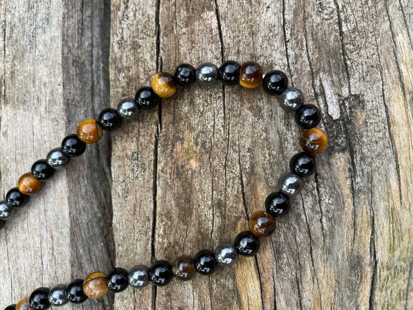 Bracelet Mala 108 perles "Triple Protection" Oeil de Tigre, Hématite et Onyx noire