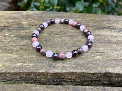 Bracelet élastique de Lithothérapie "Triple Protection" Quartz Rose, Grenat et Rhodonite