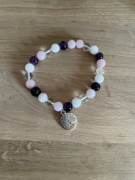 Bracelet élastique de Lithothérapie Multipierres Pierre de Lune, Quartz Rose, Cristal de Roche et Améthyste