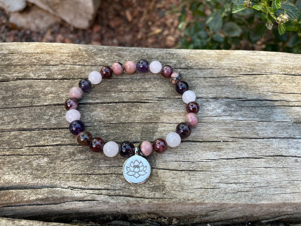 Bracelet élastique de Lithothérapie "Quatre protections" Quartz Rose, Grenat, Rhodonite Améthyste