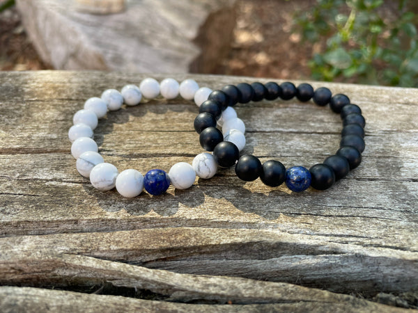 Bracelets élastiques de distance, de couple en Agate noire, Howlite blanche et Lapis Lazuli