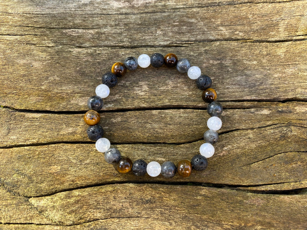 Bracelet élastique de Lithothérapie Multipierres Pierre de Lune, Oeil de Tigre, Pierre de Lave et Labradorite