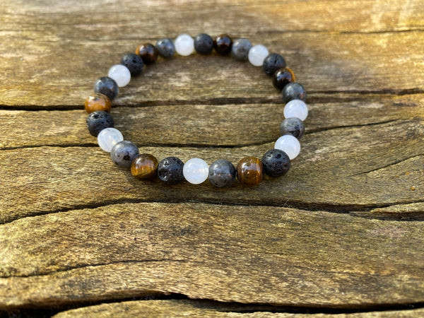 Bracelet élastique de Lithothérapie Multipierres Pierre de Lune, Oeil de Tigre, Pierre de Lave et Labradorite
