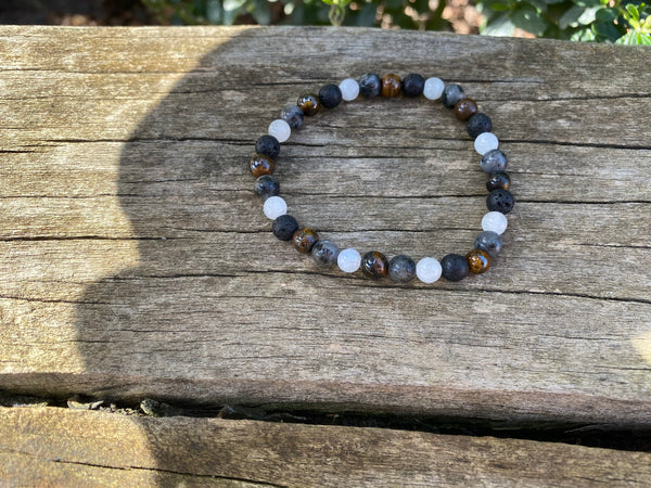 Bracelet élastique de Lithothérapie Multipierres Pierre de Lune, Oeil de Tigre, Pierre de Lave et Labradorite