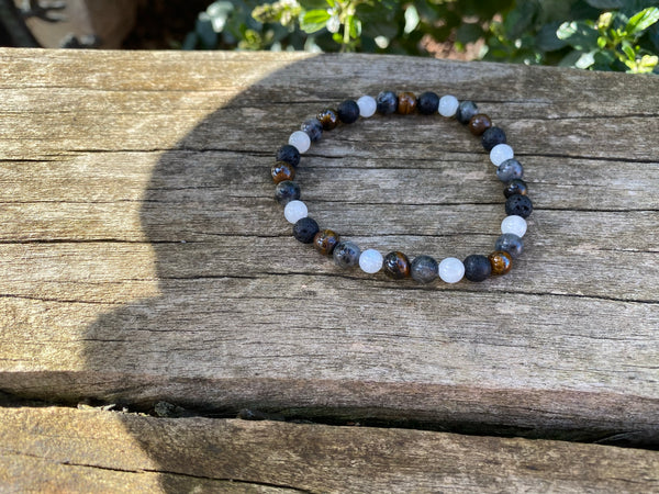 Bracelet élastique de Lithothérapie Multipierres Pierre de Lune, Oeil de Tigre, Pierre de Lave et Labradorite