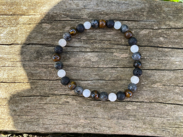 Bracelet élastique de Lithothérapie Multipierres Pierre de Lune, Oeil de Tigre, Pierre de Lave et Labradorite