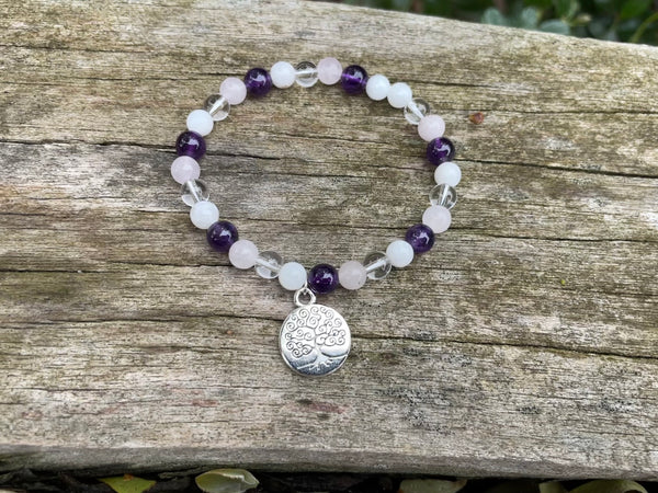 Bracelet élastique de Lithothérapie Multipierres Pierre de Lune, Quartz Rose, Cristal de Roche et Améthyste