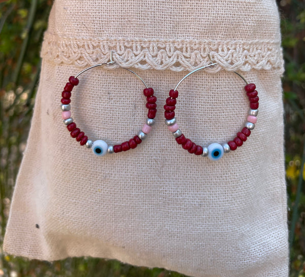 Boucles d'oreilles créoles en perles et Oeil Nazar Boncuk