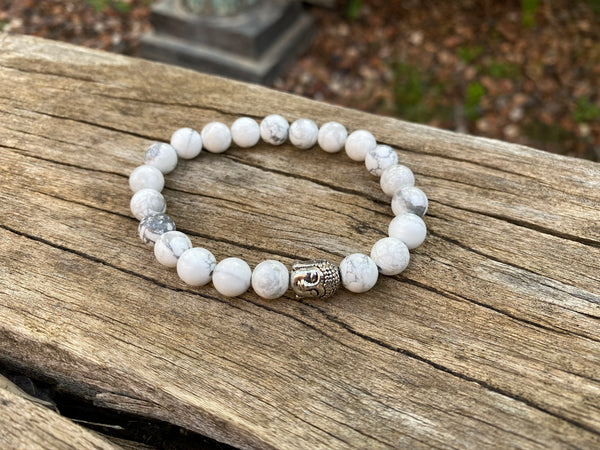 Bracelet élastique en Howlite naturelle + perle Bouddha