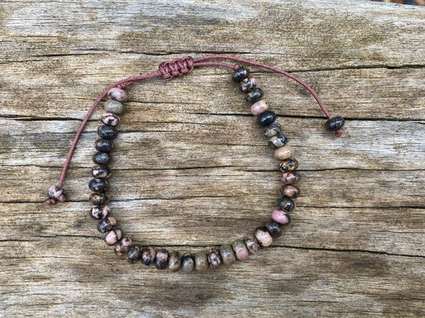 Bracelet Shamballa ajustable, perles en Rhodonite naturelle