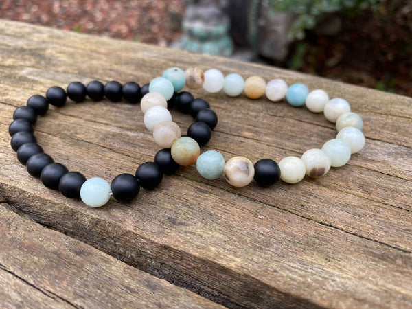 Bracelets élastiques de distance, de couple en Agate noire et Amazonite