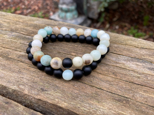 Bracelets élastiques de distance, de couple en Agate noire et Amazonite