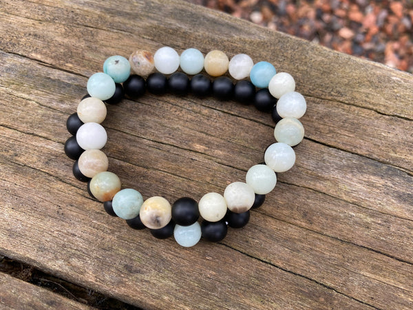 Bracelets élastiques de distance, de couple en Agate noire et Amazonite