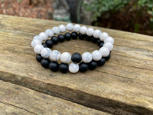 Bracelets élastiques de distance, de couple en Agate noire et Howlite blanche