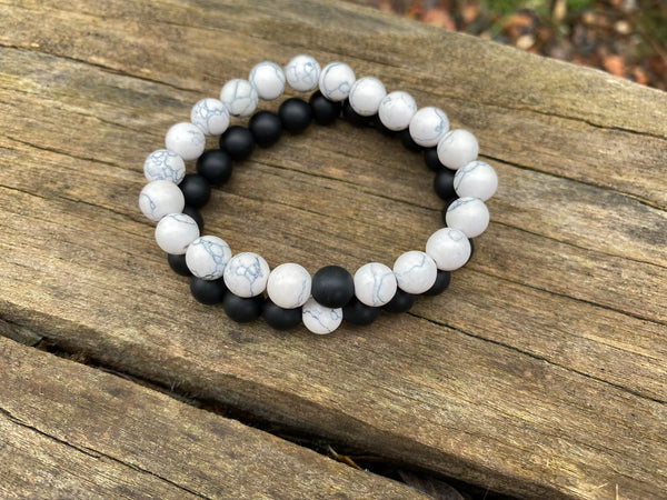 Bracelets élastiques de distance, de couple en Agate noire et Howlite blanche