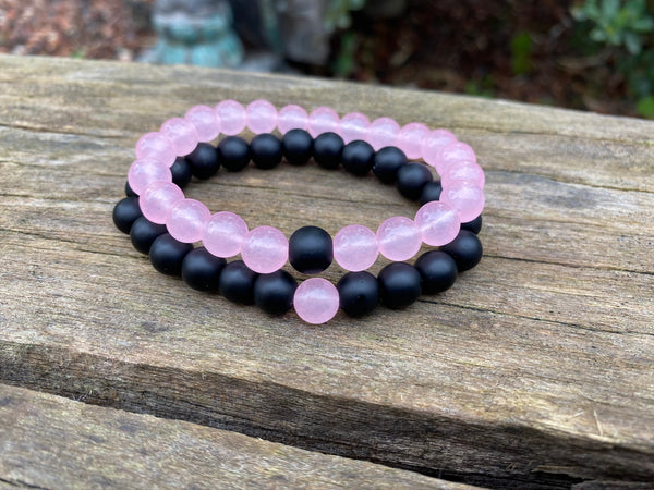 Bracelets élastiques de distance, de couple en Agate mate et Quartz rose