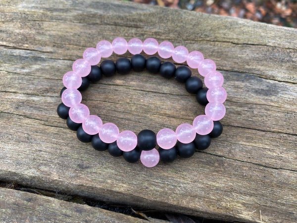 Bracelets élastiques de distance, de couple en Agate mate et Quartz rose