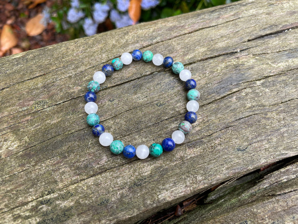 Bracelet élastique de Lithothérapie "Triple Protection" Turquoise Africaine, Lapis Lazuli et Pierre de Lune