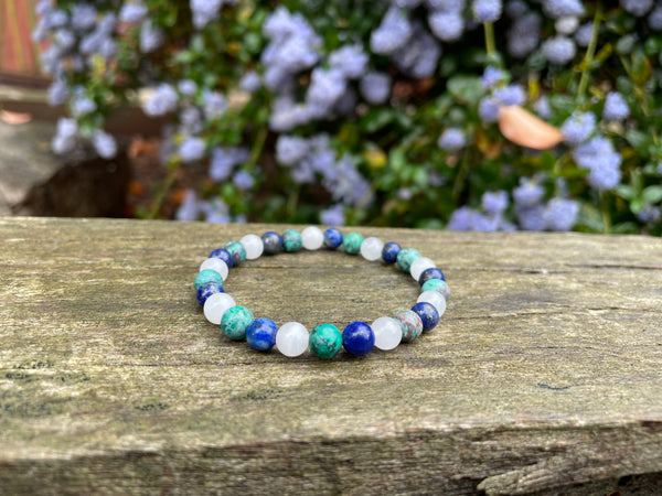 Bracelet élastique de Lithothérapie "Triple Protection" Turquoise Africaine, Lapis Lazuli et Pierre de Lune