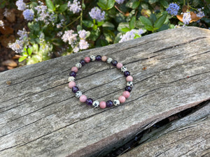 Bracelet élastique Triple protection de Lithothérapie Améthyste, Jaspe Dalmatien et rhodochrosite