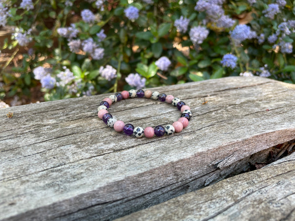 Bracelet élastique Triple protection de Lithothérapie Améthyste, Jaspe Dalmatien et rhodochrosite