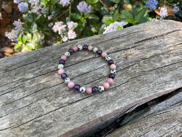 Bracelet élastique Triple protection de Lithothérapie Améthyste, Jaspe Dalmatien et rhodochrosite