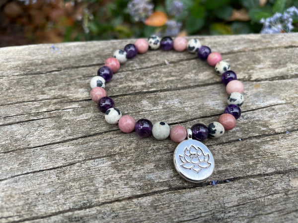 Bracelet élastique Triple protection de Lithothérapie Améthyste, Jaspe Dalmatien et rhodochrosite