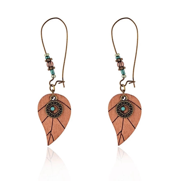 Boucles d'oreilles en bois et perles, motif feuille