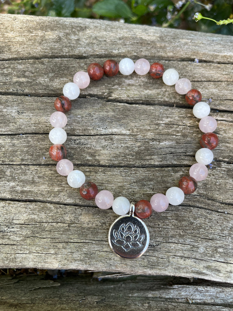 Bracelet concentré d'amour pierre de lune - rhodochrosite et Quartz rose