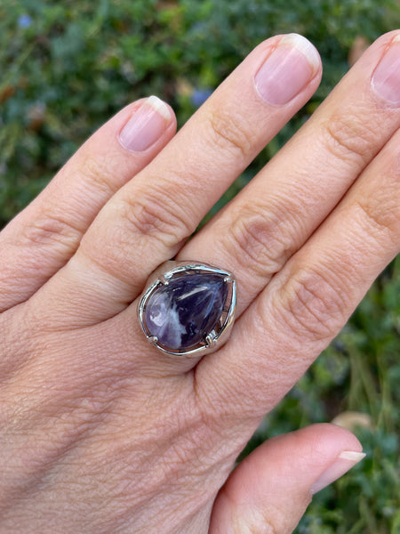 Bague réglable en Améthyste cabochon forme goutte
