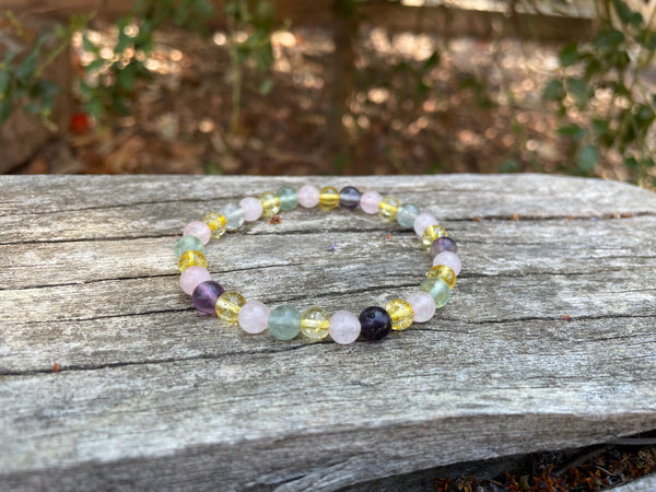 Bracelet élastique de Lithothérapie "Triple Protection" Quartz Rose, Citrine et Fluorite