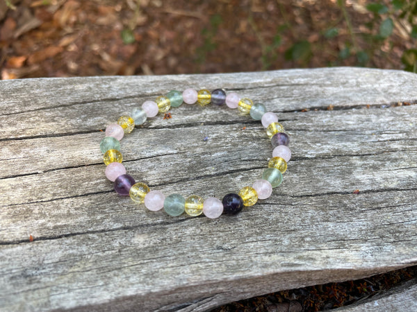 Bracelet élastique de Lithothérapie "Triple Protection" Quartz Rose, Citrine et Fluorite