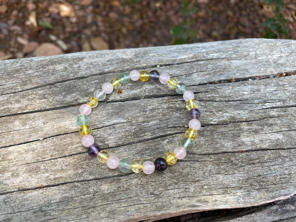 Bracelet élastique de Lithothérapie "Triple Protection" Quartz Rose, Citrine et Fluorite