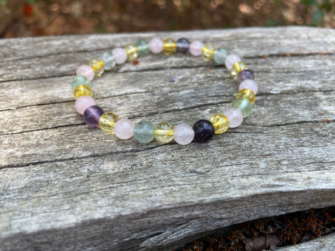 Bracelet élastique de Lithothérapie "Triple Protection" Quartz Rose, Citrine et Fluorite