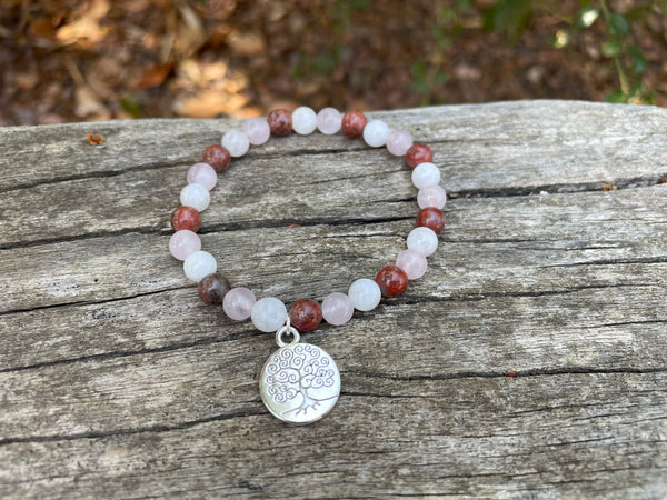 Bracelet élastique de Lithothérapie, de protection Jaspe Rouge, Pierre de Lune et Quartz Rose