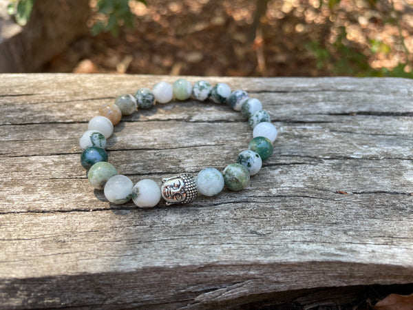 Bracelet élastique de Lithothérapie en Agate arbre Tête bouddha argentée