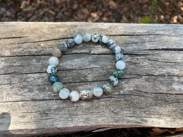 Bracelet élastique de Lithothérapie en Agate arbre Tête bouddha argentée