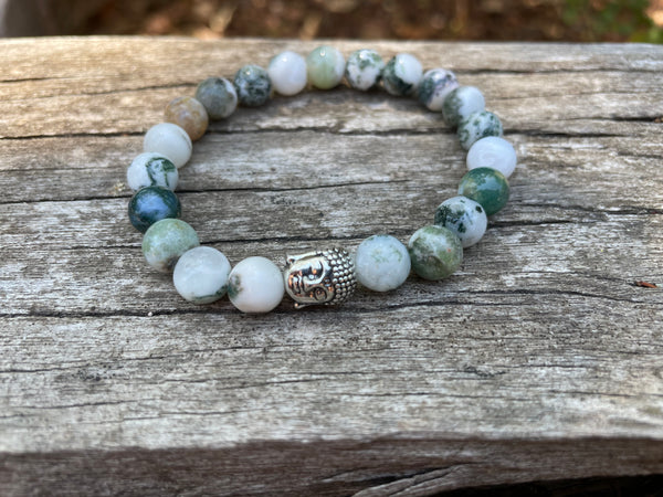 Bracelet élastique de Lithothérapie en Agate arbre Tête bouddha argentée