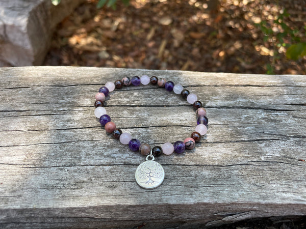 Bracelet élastique de Lithothérapie "Quatre protections" Quartz Rose, Grenat, Rhodonite Améthyste