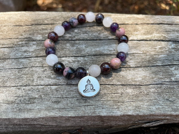 Bracelet élastique de Lithothérapie "Quatre protections" Quartz Rose, Grenat, Rhodonite Améthyste