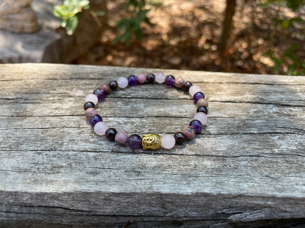 Bracelet élastique de Lithothérapie "Quatre protections" Quartz Rose, Grenat, Rhodonite Améthyste