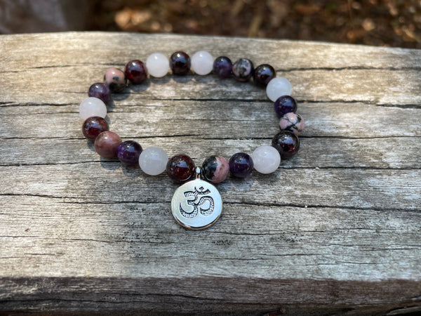 Bracelet élastique de Lithothérapie "Quatre protections" Quartz Rose, Grenat, Rhodonite Améthyste