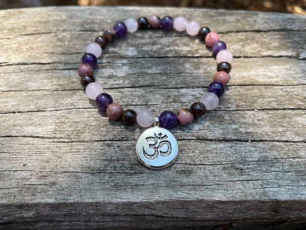 Bracelet élastique de Lithothérapie "Quatre protections" Quartz Rose, Grenat, Rhodonite Améthyste