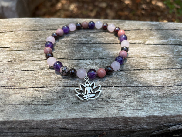 Bracelet élastique de Lithothérapie "Quatre protections" Quartz Rose, Grenat, Rhodonite Améthyste