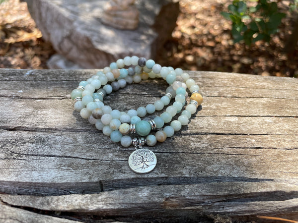 Bracelet Mala 108 perles en Amazonite et médaille symbole Arbre de Vie