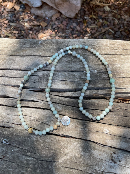 Bracelet Mala 108 perles en Amazonite et médaille symbole Arbre de Vie