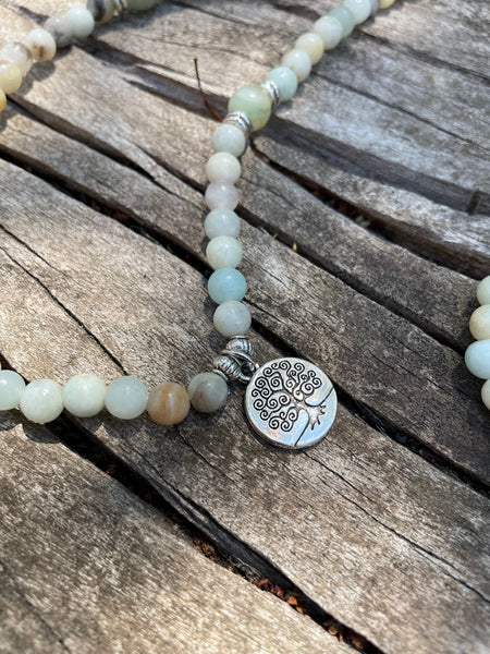 Bracelet Mala 108 perles en Amazonite et médaille symbole Arbre de Vie