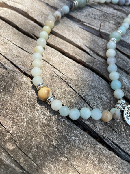 Bracelet Mala 108 perles en Amazonite et médaille symbole Arbre de Vie